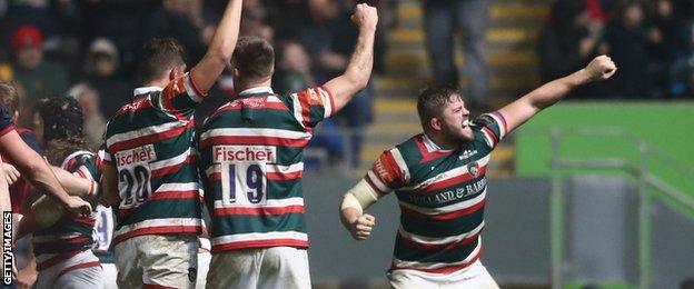 The final whistle was celebrated with a mixture of joy and relief by the Leicester players, including lock Ed Slater (right)