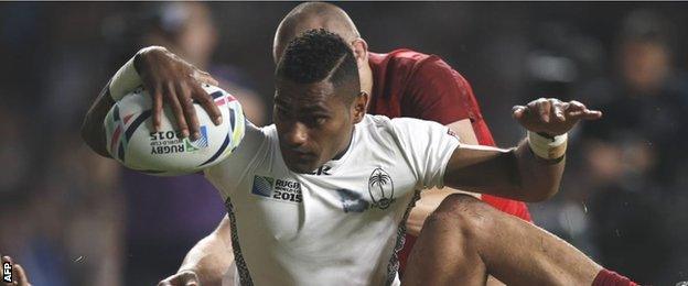 Fiji's Nikola Matawalu was denied a try as he dropped the ball just short of the try line