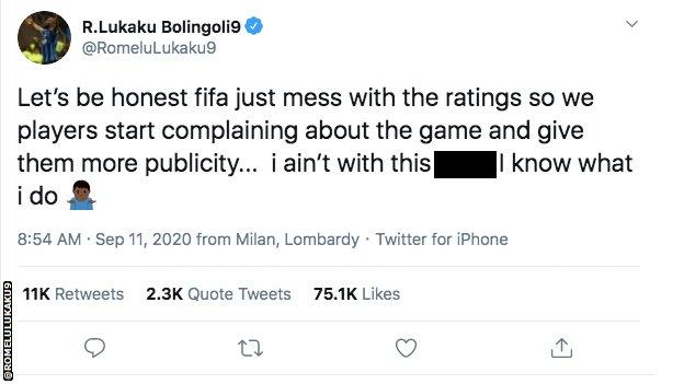 Romelu Lukaku tweets to say he Fifa just mess with player ratings to create publicity