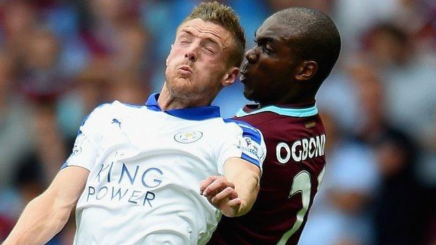 Leicester's Jamie Vardy challenged by Angelo Ogbonna of West Ham