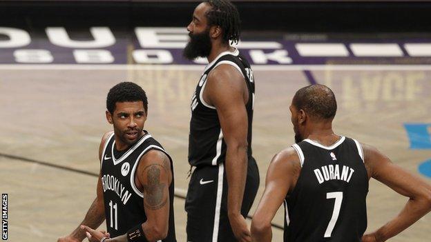 Kyrie Irving (left), James Harden (centre) and Kevin Durant (right)