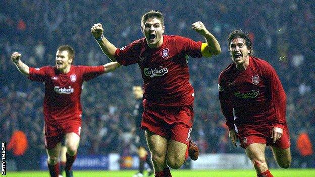 Steven Gerrard celebrates against Olympiakos