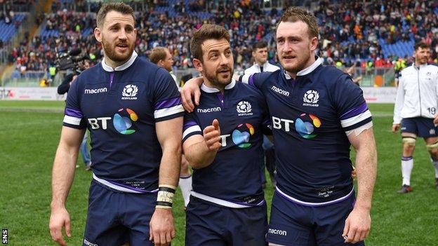 Tommy Seymour, Greig Laidlaw and Stuart Hogg after Scotland beat Italy