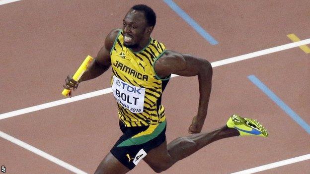 Usain Bolt competes in the 4x100m relay in Beijing