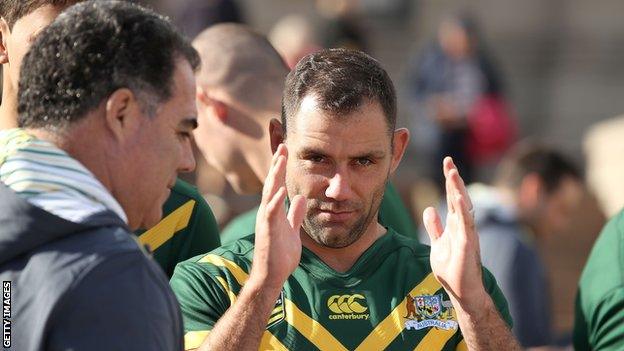 Australia Rugby League coach Mal Meniga (left) speaks to captain Cameron Smith as they prepare for a World Cup on home soil