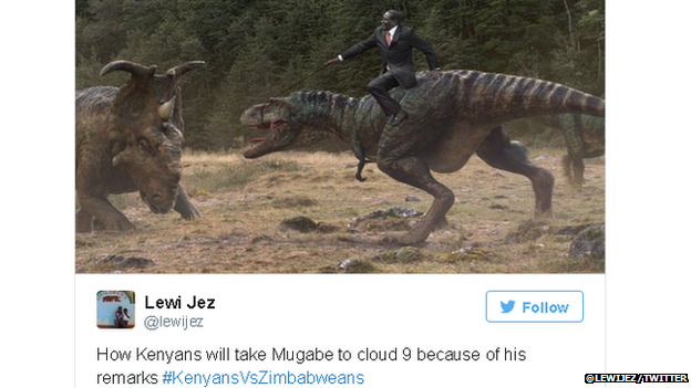 Meme of Mugabe riding a dinosaur