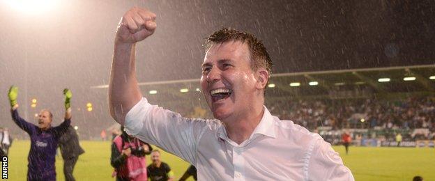 Dundalk manager Stephen Kenny celebrates after his team's 3-0 win over BATE Borisov