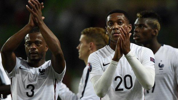 Anthony Martial with Patrice Evra and Paul Pogba