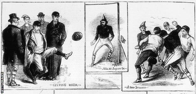 Scenes from England's first international, against Scotland in 1872, published in The Graphic on 14 December 1872. The original artist was a W. Ralston