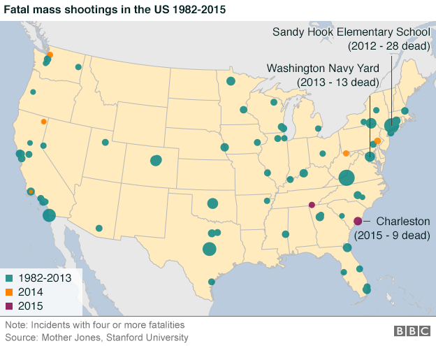 Map showing fatal mass shootings in the US since 1982 - 24 July 2015