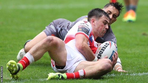 Lewis Dodd scores for St Helens against Catalans Dragons