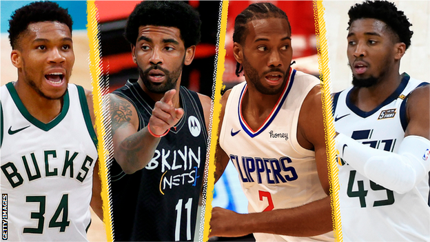 Giannis Antetokounmpo (left), Kyrie Irving (centre left), Kawhi Leonard (centre right) and Donovan Mitchell (right)