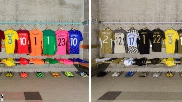 A range of kits lined up next to each other. In the first image, the 12 kits are bright colours and all stand out from one another. In the second image - as a colour blind person might see them - they are much harder to tell apart.