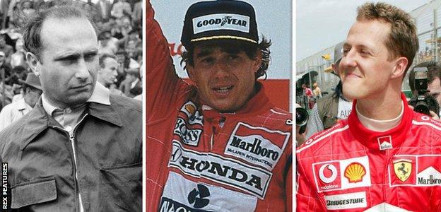 Juan Manuel Fangio, Ayrton Senna and Michael Schumacher