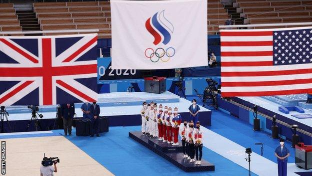 Russian Olympic Committee gold medal gymnastics ceremony