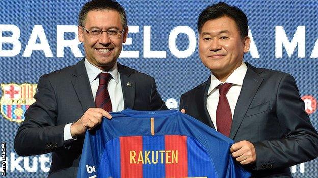 Barcelona president Josep Maria Bartomeu and Rakuten CEO Hiroshi Mikitani