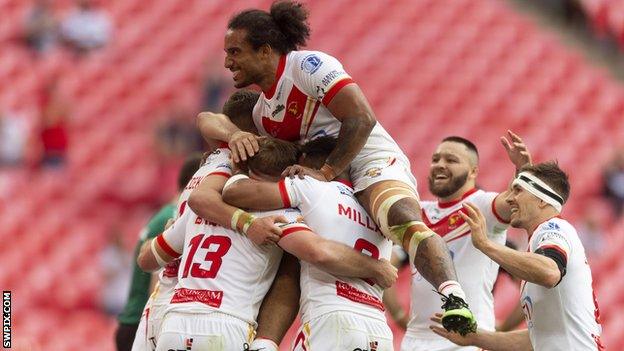 Sheffield Eagles celebrate try against Widnes at Wembley