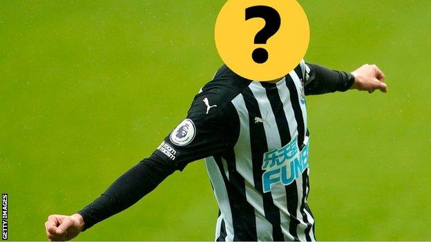 A Newcastle player with a question mark hiding his face