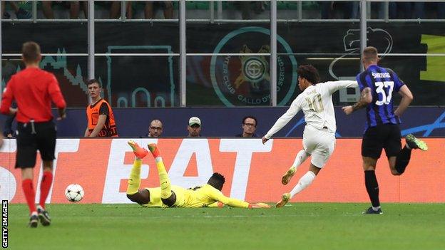 Leroy Sane scores for Bayern Munich against Inter Milan in the Champions League