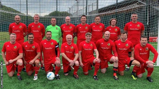 Mark Davies (back row, fourth from left) pictured with his Llanelli Veterans FC team-mates before the match