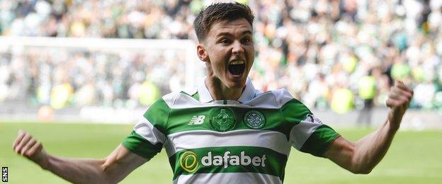 Kieran Tierney celebrates Celtic's victory