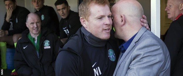 Hibs boss Neil Lennon and Morton counterpart Jim Duffy before the game