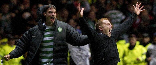 Mikael Lustig and Neil Lennon celebrate