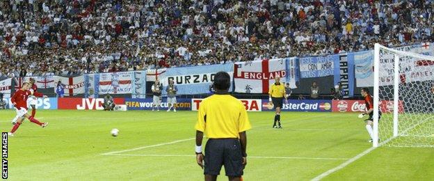 David Beckham scores a penalty to beat Argentina in Japan in 2002