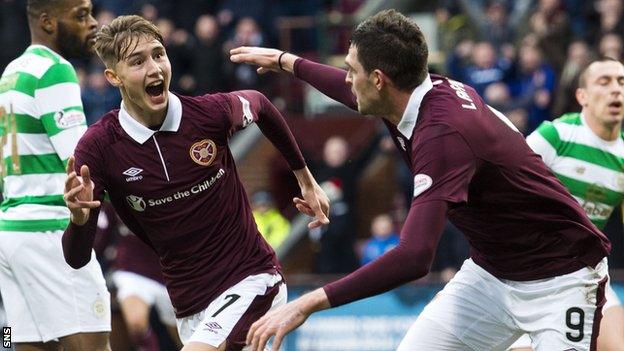 Hearts' Harry Cochrane and Kyle Lafferty celebrate against Celtic