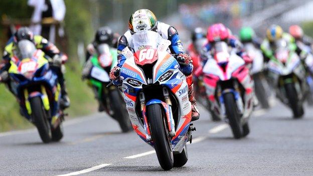 Peter Hickman out in front early in the Superstock race on Saturday