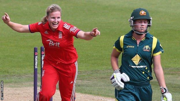 Holly Colvin celebrates the wicket of Australia's Meg Lanning in 2013