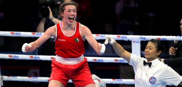 Lisa O'Rourke celebrates her gold medal triumph