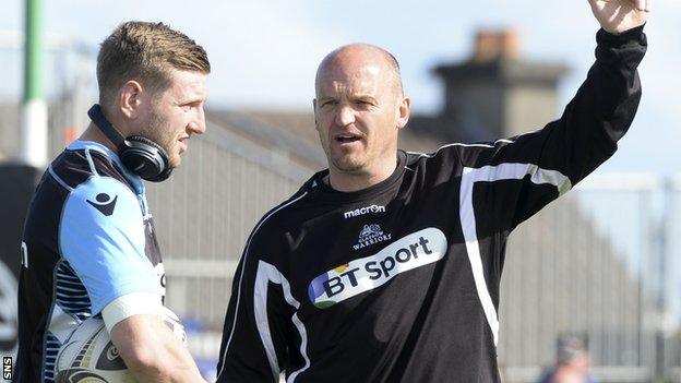 Gregor Townsend makes a point to Glasgow fly-half Finn Russell