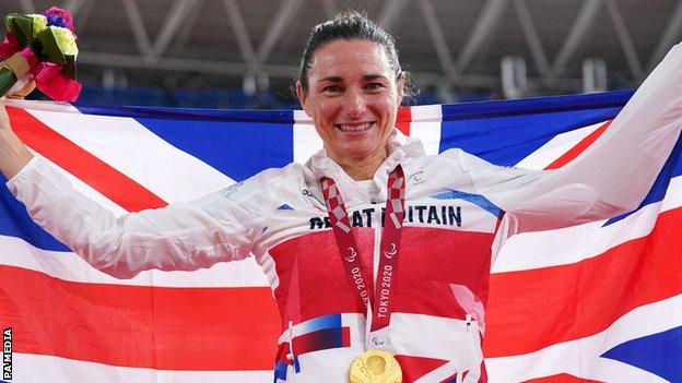 Sarah Storey celebrates her victory