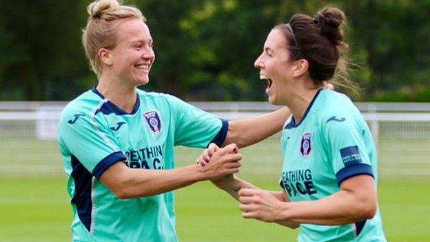 Rachel McLauchlan and Leanne Crichton celebrate as Glasgow City beat Rangers 4-0 on Sunday