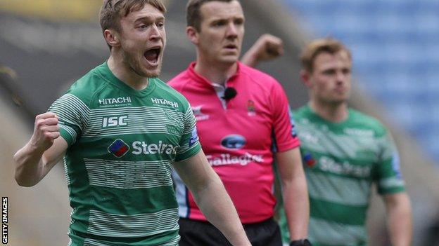 Brett Connon of Newcastle Falcons celebrates after kicking the winning penalty