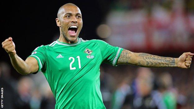 Northern Ireland striker Josh Magennis celebrates against Greece