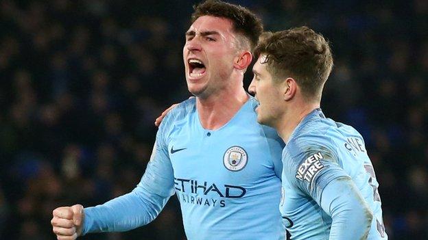 Aymeric Laporte celebrates scoring for Manchester City against Everton