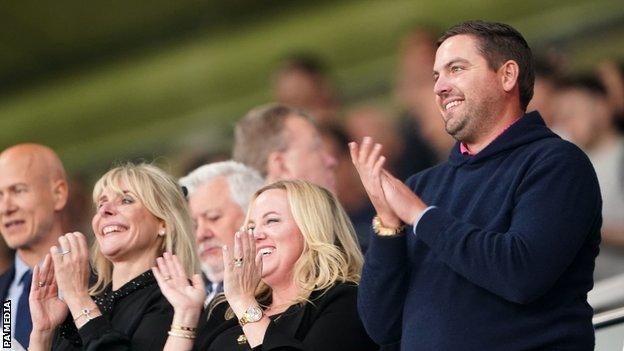 Potential buyer of Derby County, Chris Kirchner celebrates during a Rams game