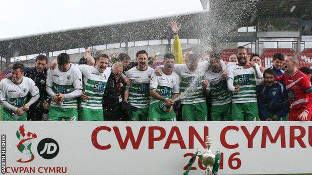 New Saints celebrate their Welsh Cup final win over Airbus UK