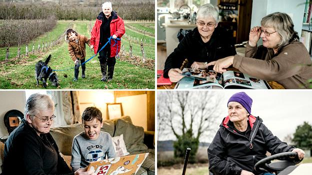 Sue at home: with great nephew Theo and Saffy (top left), partner Sheila (top right), reading to Theo (bottom left) and on her lawnmower (bottom right)