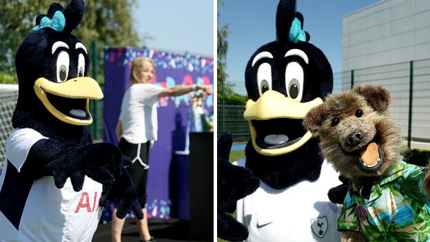 Tottenham Hotspur mascot Chirpy and CBBC's Hacker (far right) help launch National Schools Sport Week in north London.