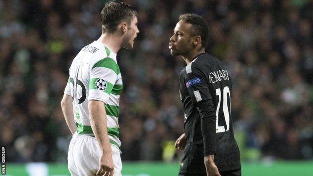 Neymar blows Anthony Ralston a kiss at Celtic Park