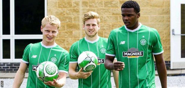 Celtic's Gary Mackay-Steven, Stuart Amstrong and Dedryck Boyata