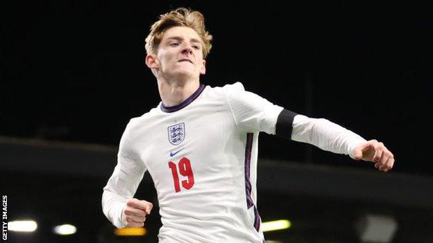 Everton's Anthony Gordon celebrates scoring twice on his England Under-21 debut