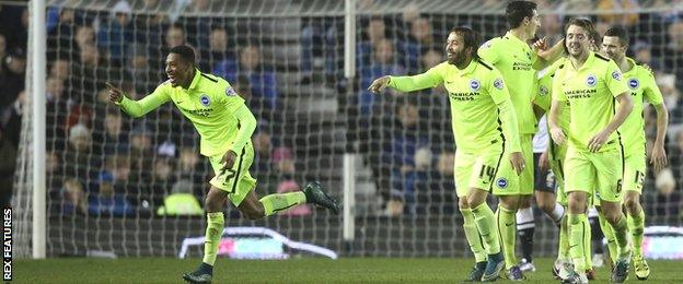 Rajiv van La Parra celebrates his goal against Derby