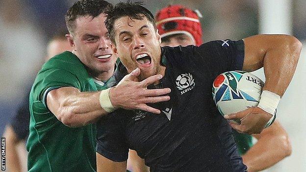 Sean Maitland of Scotland is tackled by Ireland's James Ryan