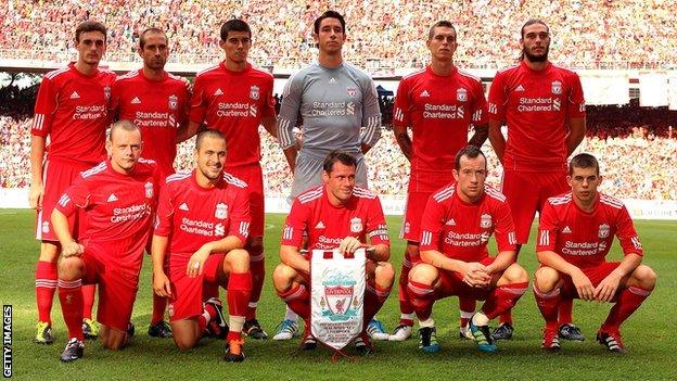 Liverpool's line-up against Malaysia XI in Kuala Lumpur, 16 July 2011. Back row (left to right) Jack Robinson, Raul Meireles, Conor Coady, Brad Jones, Daniel Agger, Andy Carroll. Front row: Jay Spearing, Joe Cole, Jamie Carragher, Charlie Adam, John Flanagan