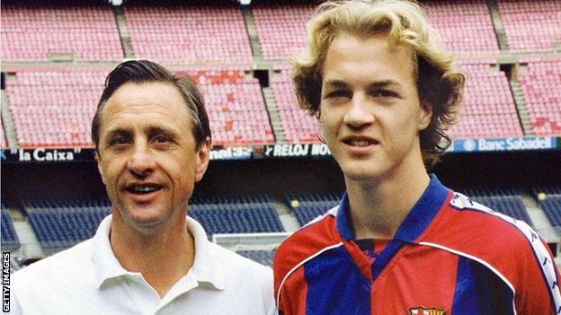 Johan Cruyff posing with his son Jordi in Barcelona
