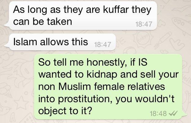 Screen grab of conversation continuded: AT: "It was a rhetorical question" NA: "Right" AT: "So do you know 100% which girl under puberty got kidnapped" NA: "I just saw that there were girls who looked like they were younger." AT: "Don't assume. And stop looking down on mujahideen Fear Allah Learn your religion." NA: "So what did Boko Haram do? Check to see if they'd started …" (continued beneath)
